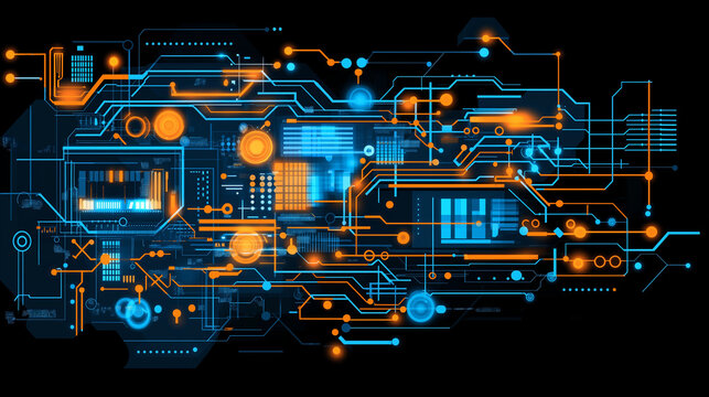 Abstract Circuit Board: Illuminated pathways of a circuit board. A vibrant and detailed illustration, symbolizing connectivity, technology, and the digital realm.
