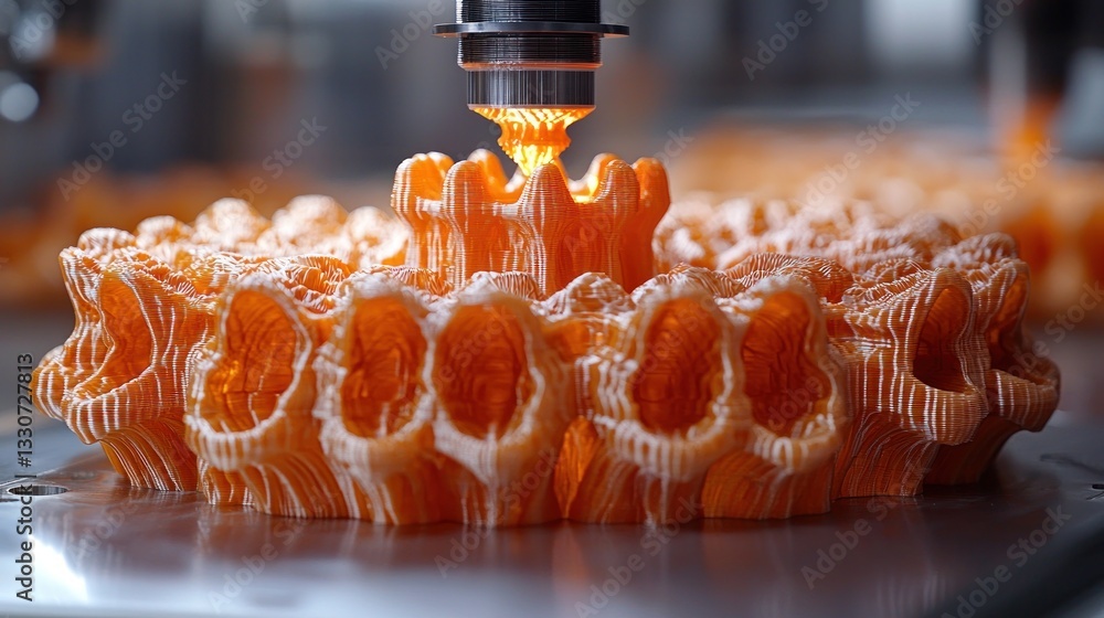 Poster 3d printer creating orange intricate object.