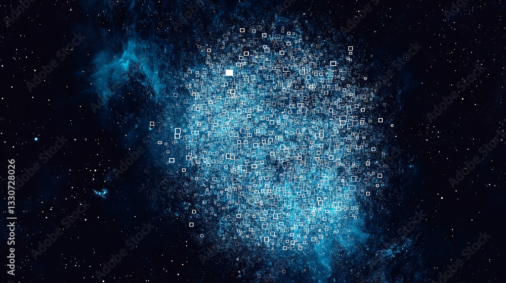 Poster digital cosmos: abstract blue digital particles and data points swirling against a deep space backdr