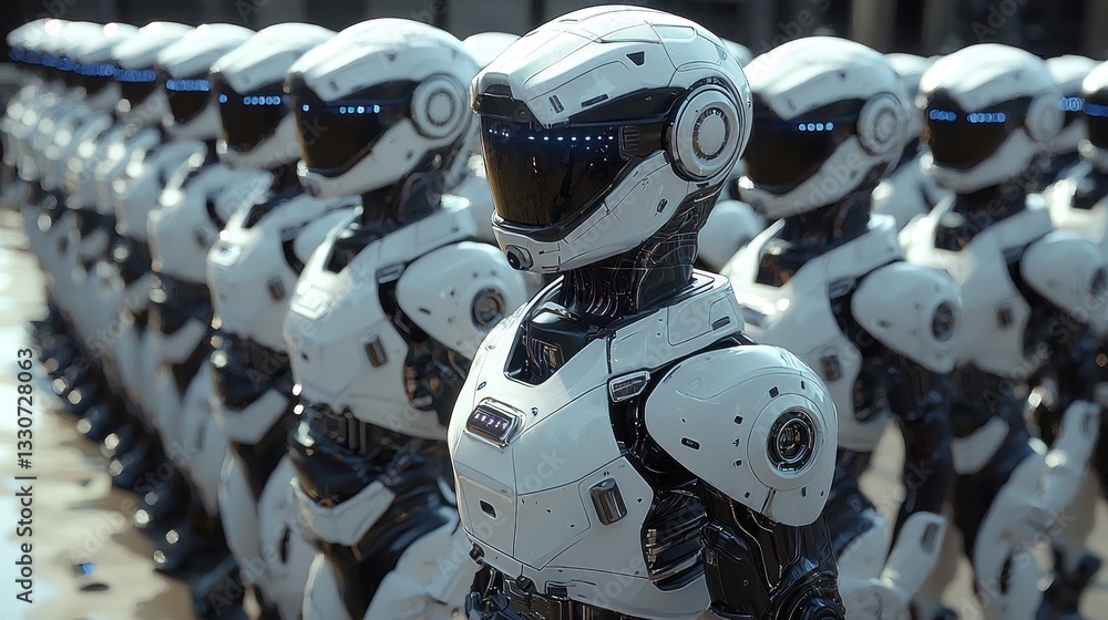 Poster a line of futuristic white robots standing in formation.