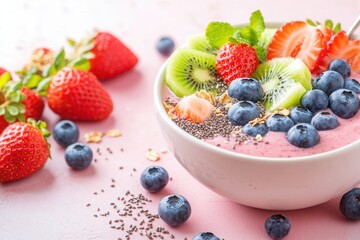 Healthy Smoothie Bowl with Fresh Fruits, A beautifully arranged smoothie bowl topped with sliced kiwi, strawberries, blueberries, chia seeds, and granola