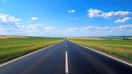 Fototapeta premium A straight road leading into the horizon, surrounded by rolling meadows and blue skies