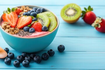 Healthy Smoothie Bowl with Fresh Fruits, A beautifully arranged smoothie bowl topped with sliced kiwi, strawberries, blueberries, chia seeds, and granola