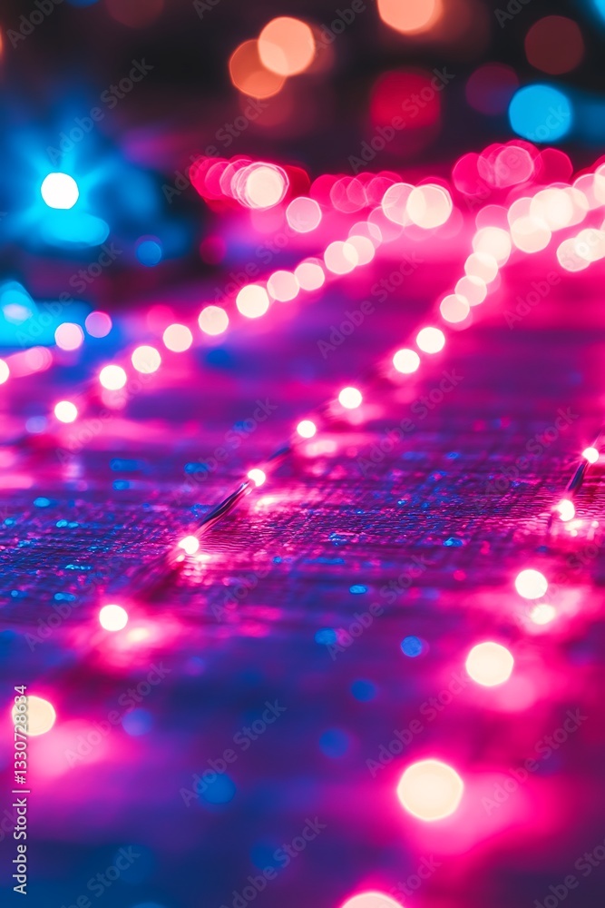 Poster vibrant string lights on wood surface with glowing bokeh effect texture