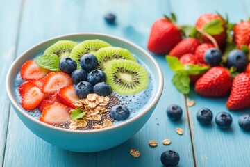 Healthy Smoothie Bowl with Fresh Fruits, A beautifully arranged smoothie bowl topped with sliced kiwi, strawberries, blueberries, chia seeds, and granola