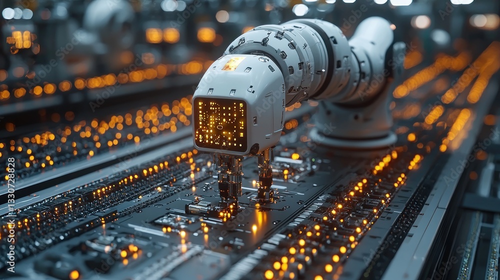 Poster robotic arm assembling circuit board in factory.