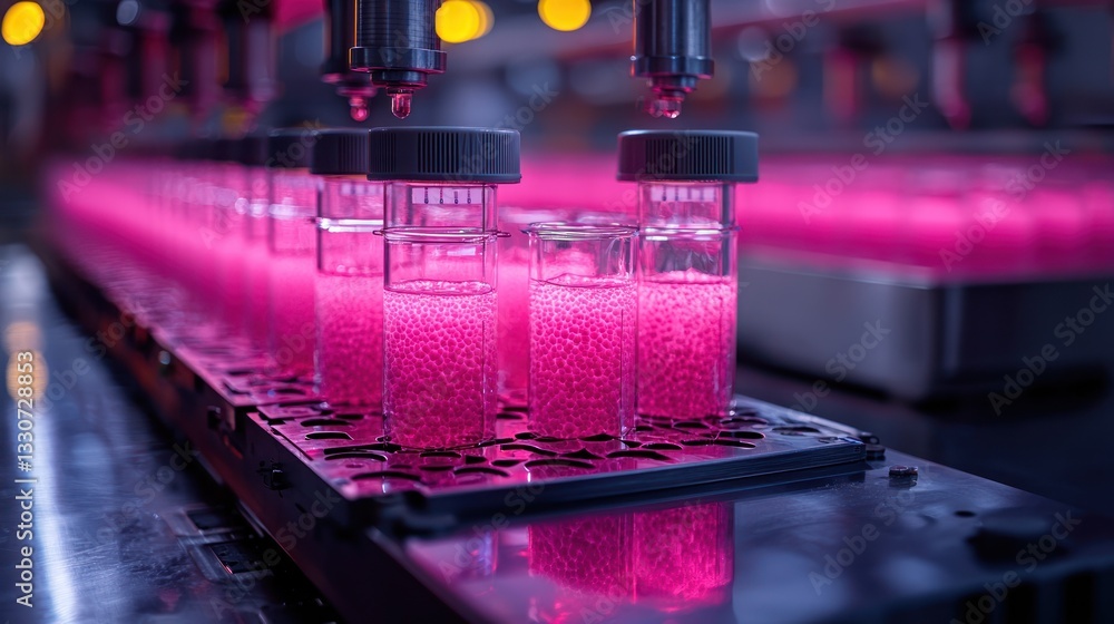 Poster automated filling of vials with pink granules in a lab.