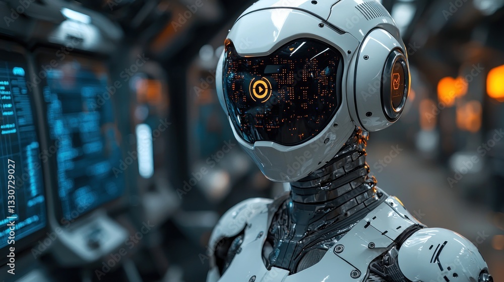 Poster futuristic robot in a high-tech environment.