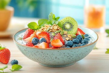 Healthy Smoothie Bowl with Fresh Fruits, A beautifully arranged smoothie bowl topped with sliced kiwi, strawberries, blueberries, chia seeds, and granola