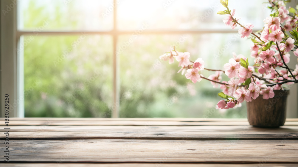 Poster pink flowers in a vase on a wooden table by a window with green garden in the background illuminated