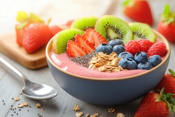 Healthy Smoothie Bowl with Fresh Fruits, A beautifully arranged smoothie bowl topped with sliced kiwi, strawberries, blueberries, chia seeds, and granola
