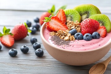 Healthy Smoothie Bowl with Fresh Fruits, A beautifully arranged smoothie bowl topped with sliced kiwi, strawberries, blueberries, chia seeds, and granola