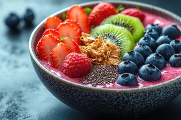 Healthy Smoothie Bowl with Fresh Fruits, A beautifully arranged smoothie bowl topped with sliced kiwi, strawberries, blueberries, chia seeds, and granola