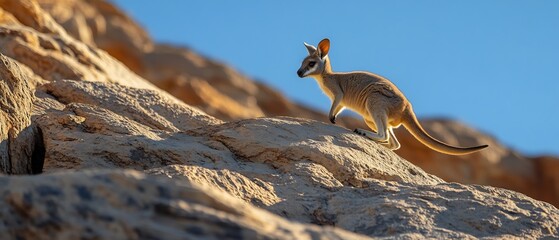 Lone Agile Wallaby navigating rugged sandstone range carefully hopping between rocky outcrop under harsh midday sun sharp contrast of warm earth tone against deep blue sky creates striking landscape