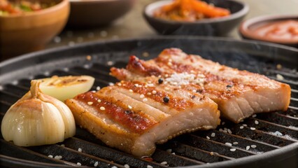 Zoom-in Food Grilled pork belly with garlic and condiments on a plate. Cuisine Iconic Dishes.