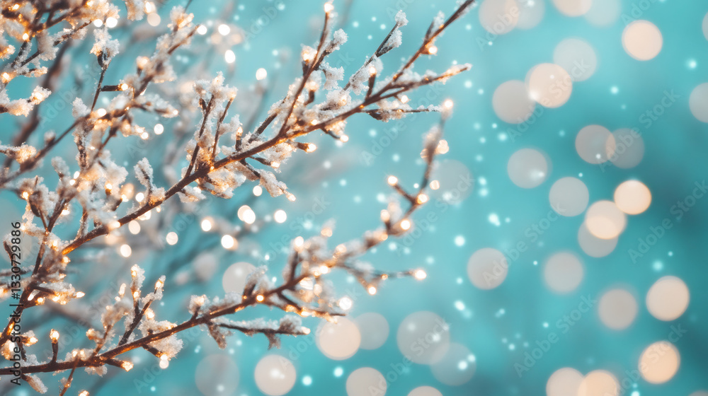 Aufkleber snowy tree branches sparkling with string lights, soft snowflakes drifting against blurred backgroun