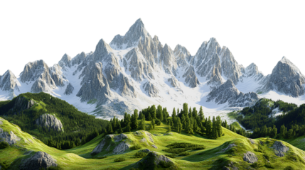 Majestic snow capped mountains overlooking lush green valley, isolated on transparent background