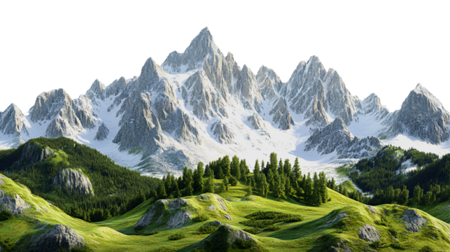 Majestic snow capped mountains overlooking lush green valley, isolated on transparent background