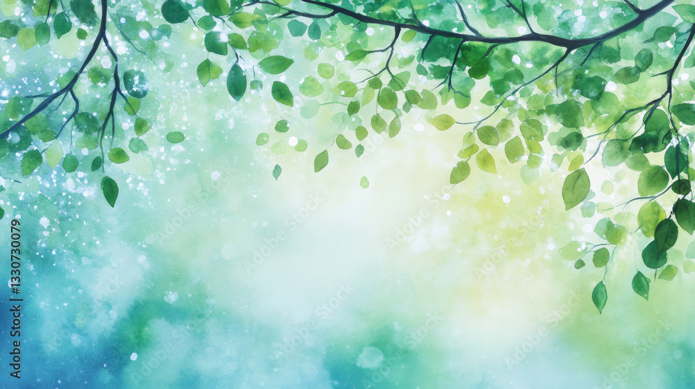 Aufkleber green leaves dangling from branch, watercolor rendering with soft bokeh background, conveying tranqu