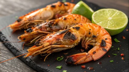 Zoom-in Food Grilled River prawns with lime on a dark slate platter. Cuisine Iconic Dishes.