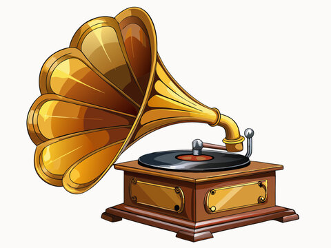 vector of  side view antique brass and wooden gramaphone on white background,copy space