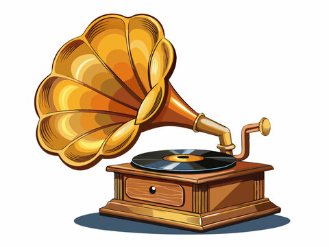 vector of  side view antique brass and wooden gramaphone on white background,copy space