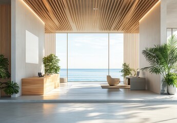Fototapeta premium Modern interior design of a serene coastal workspace featuring natural light, wooden accents, and beautiful sea views through large windows