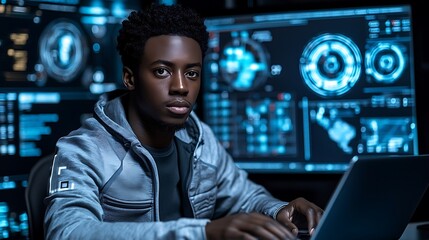 Focused Young Man Using Laptop At Digital Screens