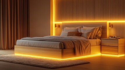A modern bedroom with soft golden lighting, featuring a light oak wooden bed frame and matching bedside tables with LED strip lights