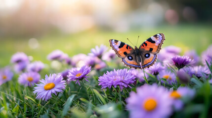 Orange and black butterfly flying over purple aster flowers in a meadow during a beautiful sunset, concept of springtime and rebirth
