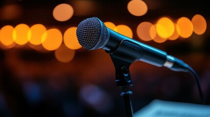 Stage microphone awaits performance in dimly lit venue