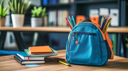 Back-to-school education concept with a school backpack filled with books, notebooks, and colorful stationery on a wooden desk, creating a learning atmosphere for students and academic success