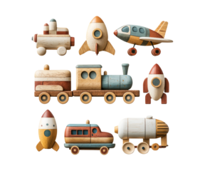 Colorful Wooden Toy Vehicles Including Planes, Trains, and Rockets