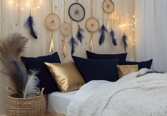 A modern boho bedroom with light wood paneling and a white bed covered with navy blue and gold pillows