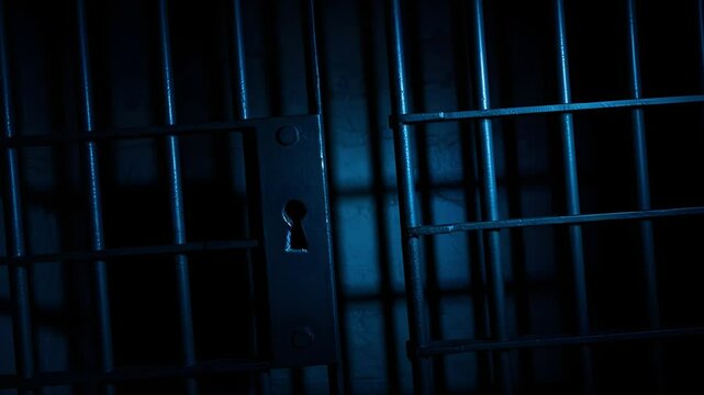 Prison Cell Bars Casting Shadows: Symbolizing Confinement and Loss of Freedom. metal prison cell bars casting shadows on the floor, representing themes of incarceration, confinement
