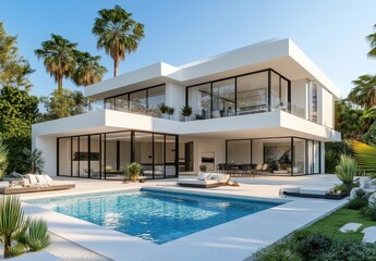 Modern luxury home with spacious design, swimming pool, palm trees, and large windows in a beautiful tropical setting under clear blue sky