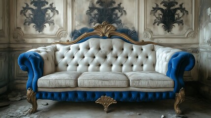 Ornate Blue and White Sofa in a Damaged Room