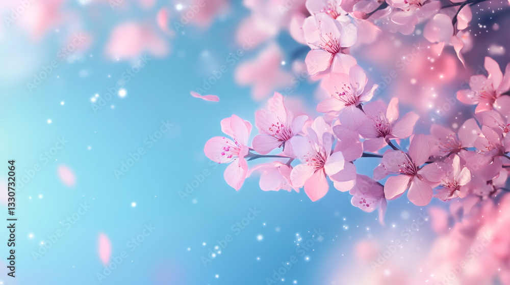 Poster blossoming cherry tree with soft pink petals falling against vibrant blue sky, creating ethereal spr