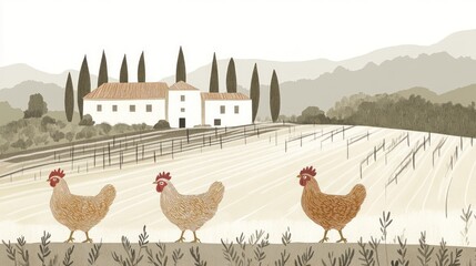 Three hens stroll across a farm field near a villa.  Soft-toned countryside scene