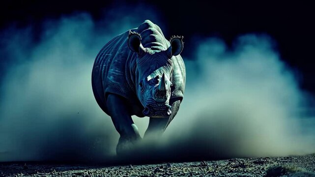 Grey rhino dashes across open terrain at dusk in a dramatic display of speed and power, A close-up view in front of a grey rhino as it runs across a barren landscape