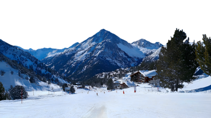 Snowy Mountain Ski Resort Winter Wonderland Alpine Scenery, Isolated on Transparent Background