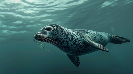 Naklejka premium Lone harbor seal fur patterned intricate black marking move gracefully through deep ocean ambient light above cast delicate gradient across scene while water depth enhances sense of scale seal's slow