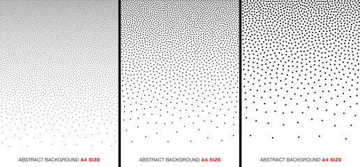 Halftone patterns. Set of abstract gradient circle dots backgrounds. A4 paper size. Vector illustration.
