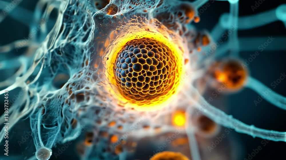 Poster closeup view of a realistic cell with a detailed nucleus and cytoplasm showcasing vibrant cellular s