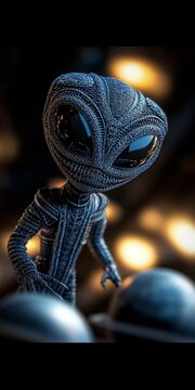 A grey alien figure appears to contemplate smooth, silver spheres in a dark environment