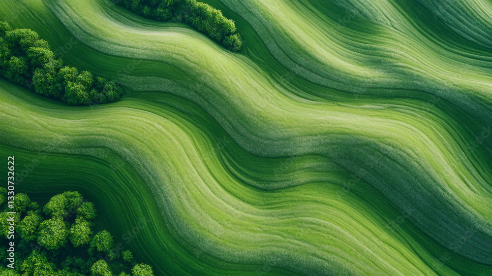 Aufkleber Green fields creating a wavy pattern seen from above, with lush vegetation and trees bordering the cultivated land