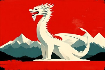 A stylized white dragon sits before a mountain landscape