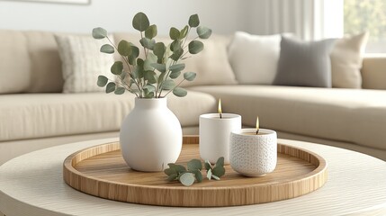 A modern, cozy living room with a round coffee table showcasing a wooden tray, a white ceramic vase with eucalyptus, and scented candles