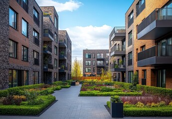 Modern residential architecture featuring eco-friendly design and landscaped gardens in a vibrant urban setting with clear blue sky and greenery