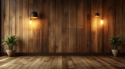 wooden room with hanging light.